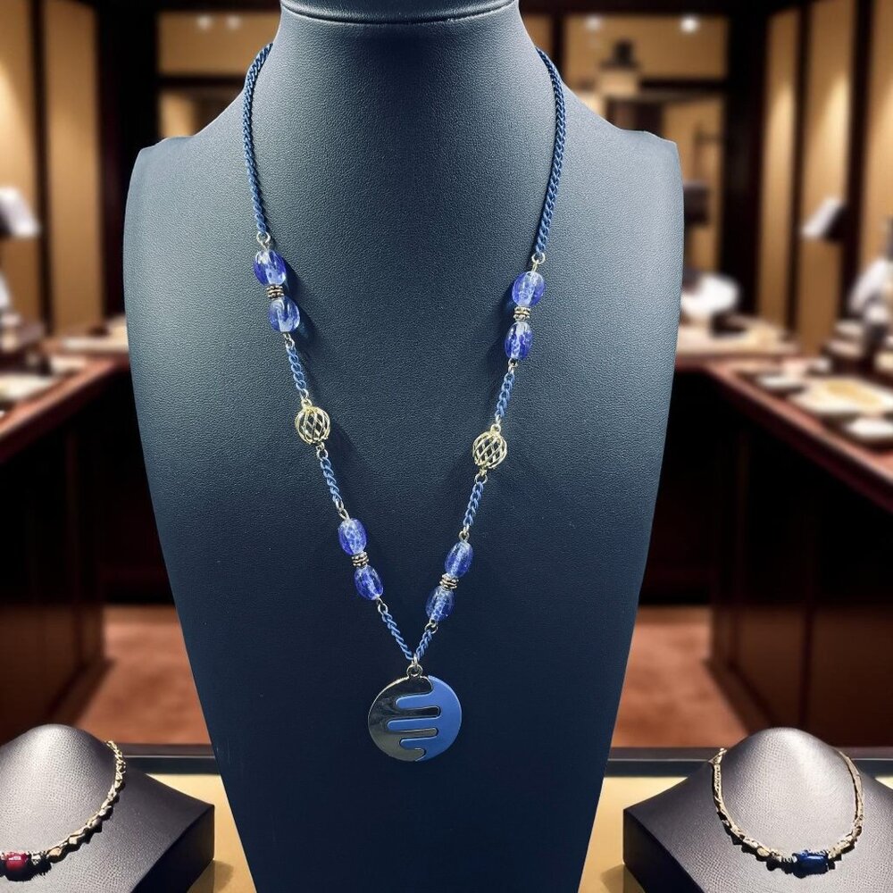 Artisan Blue Beaded Pendant Necklace Boho Y2K Statement‎ Jewelry Gift Trendy